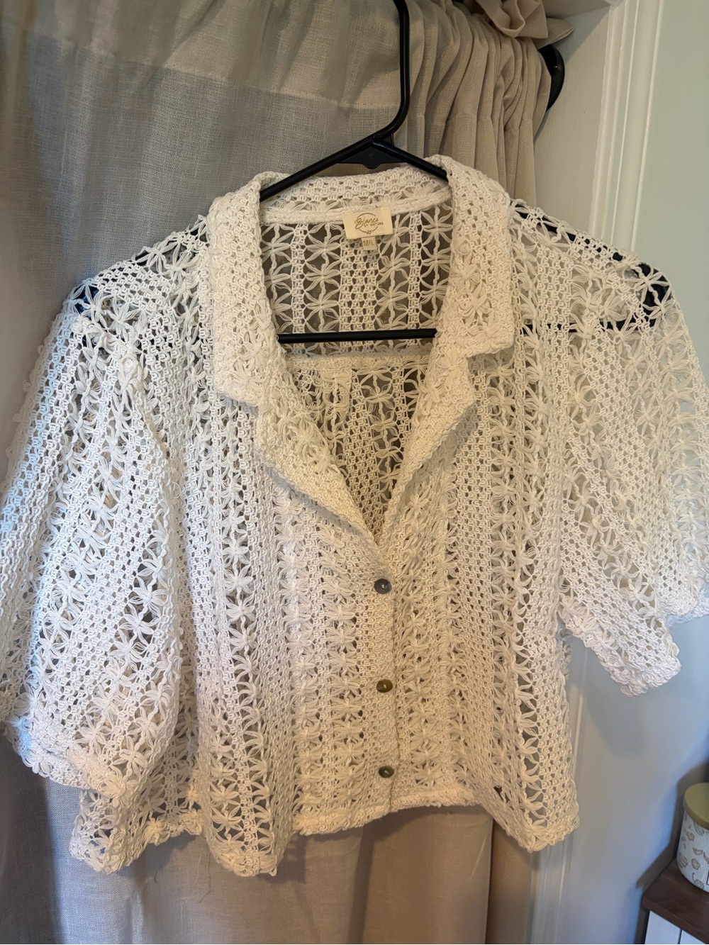 Loeffler Randall Cream Crochet Button-Front Short Sleeve Top